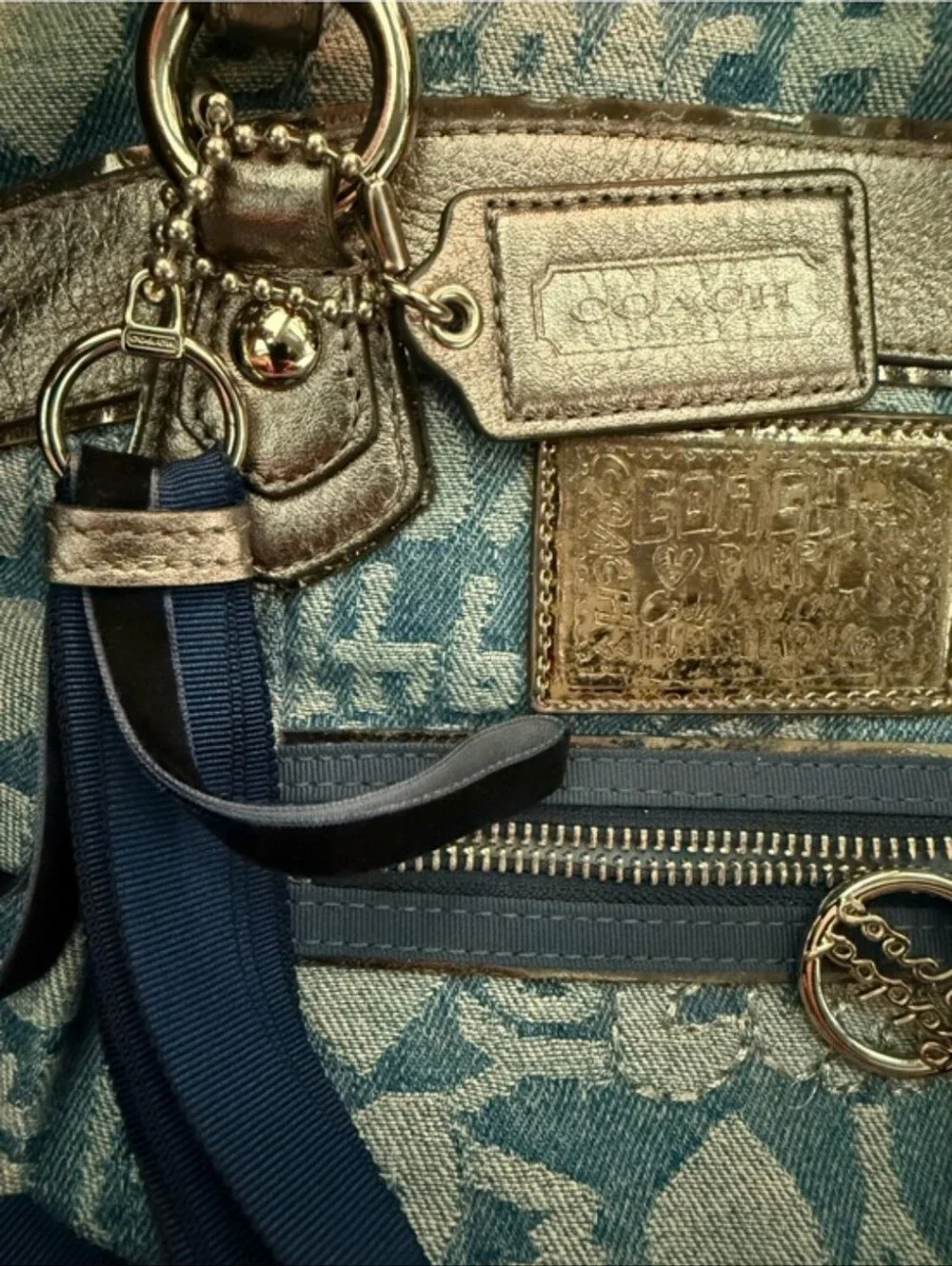 Coach Poppy Wordblock Denim Chain Shoulder Crossbody Tote Bag